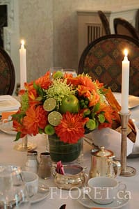 Orange Dahlia Centerpiece with Lime and Berry Accents | Floret.ca