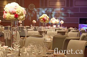 Lavish Pink Table Arrangements In The Grand Ballroom At West River | Floret.ca